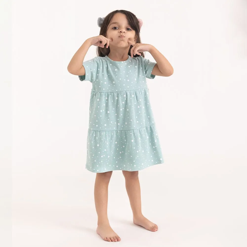 100% Cotton Cap Sleeve Girl Dress, Green