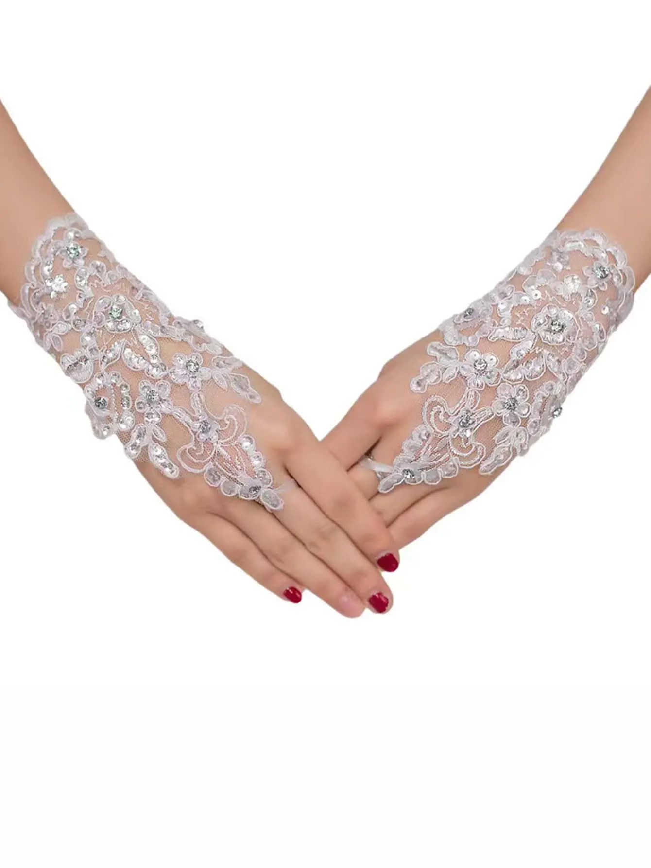 1pair Bridal Lace & Rhinestone Decor Hollow Out Fingerless Fishnet Gloves For Wedding Dress