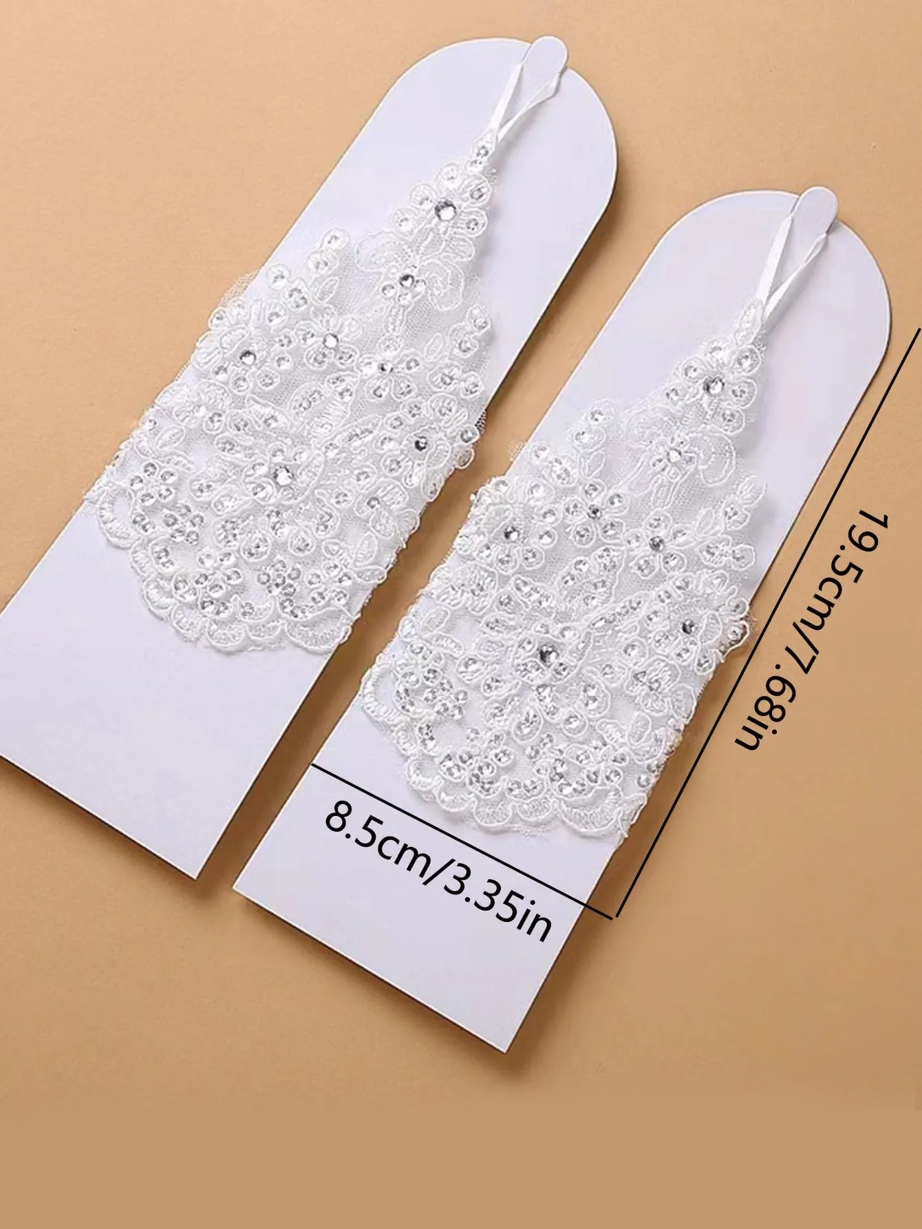 1pair Bridal Lace & Rhinestone Decor Hollow Out Fingerless Fishnet Gloves For Wedding Dress