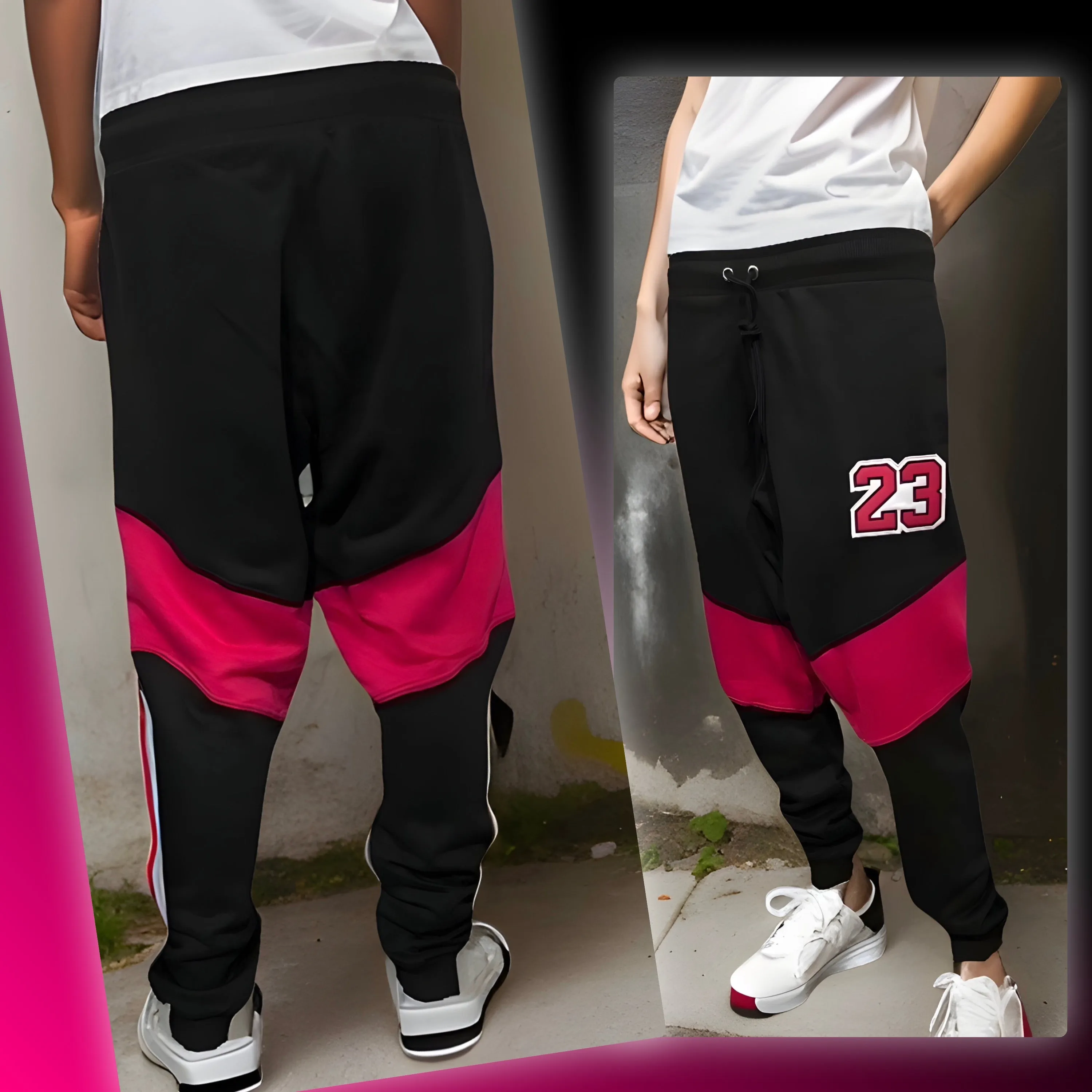 ^23^ (BLACK-HOT PINK) JOGGER SWEATPANTS (CUT & SEW) (UNISEX)