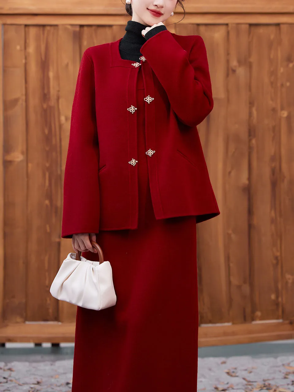 2PS Red Round Collar Long Sleeve Wool Coat With Strap Dress Suit