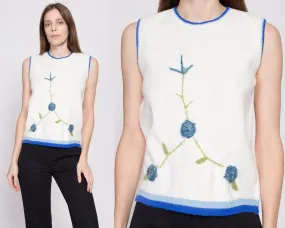 70s Embroidered Floral Knit Sleeveless Top - Small to Medium