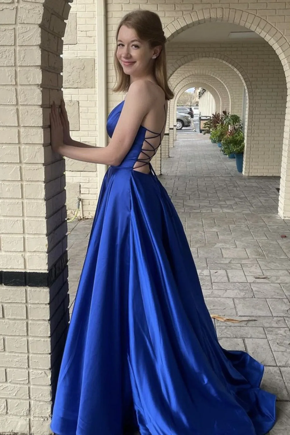 A Line V Neck Backless Royal Blue Satin Long Prom Dress with Pocket, Backless Long Royal Blue Formal Evening Dress