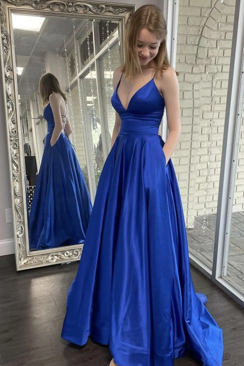 A Line V Neck Backless Royal Blue Satin Long Prom Dress with Pocket, Backless Long Royal Blue Formal Evening Dress