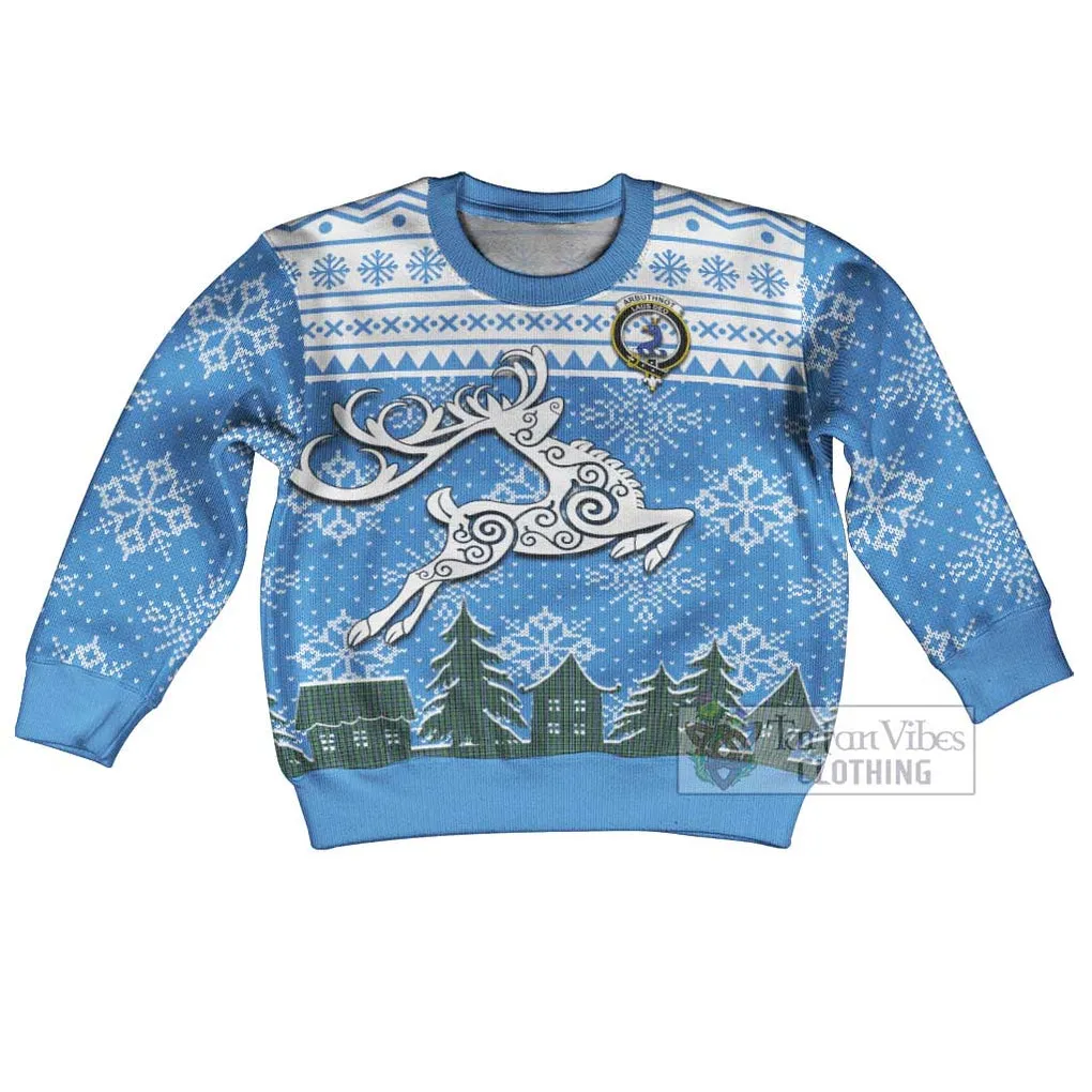 Arbuthnot Clan Christmas Kid Ugly Sweater with Tartan and Celtic Reindeer Style