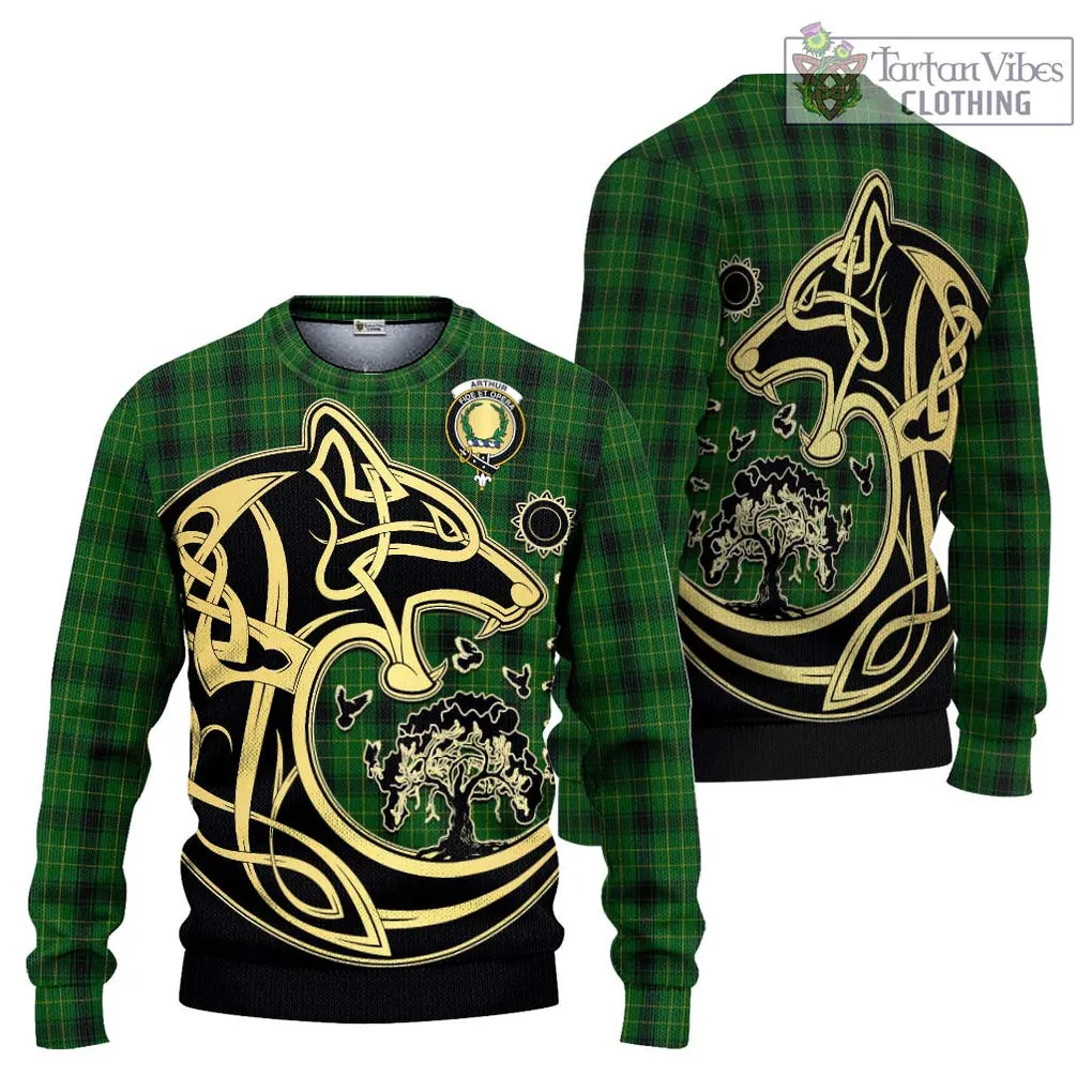 Arthur Highland Tartan Ugly Sweater with Family Crest Celtic Wolf Style