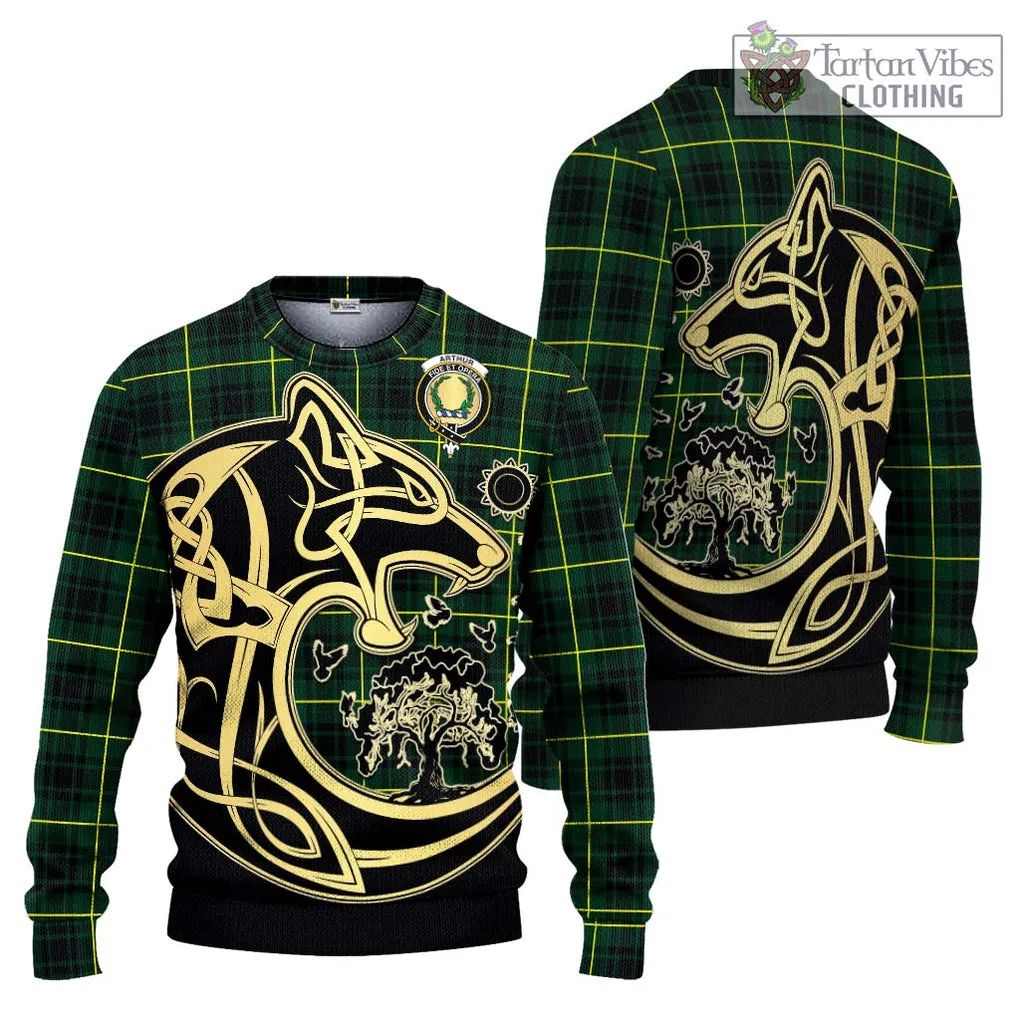 Arthur Modern Tartan Ugly Sweater with Family Crest Celtic Wolf Style