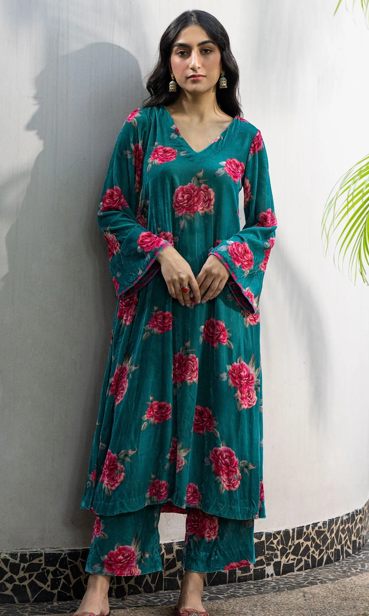 Bareen floral teal velvet straight kurta with velvet palazzo and shawl - Set of 3