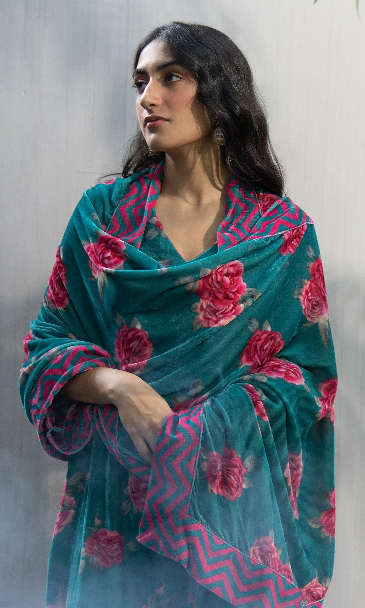 Bareen floral teal velvet straight kurta with velvet palazzo and shawl - Set of 3