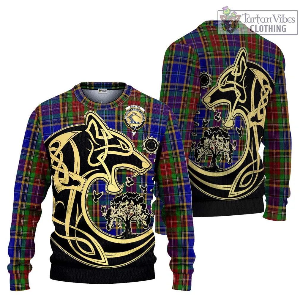 Beattie Tartan Ugly Sweater with Family Crest Celtic Wolf Style