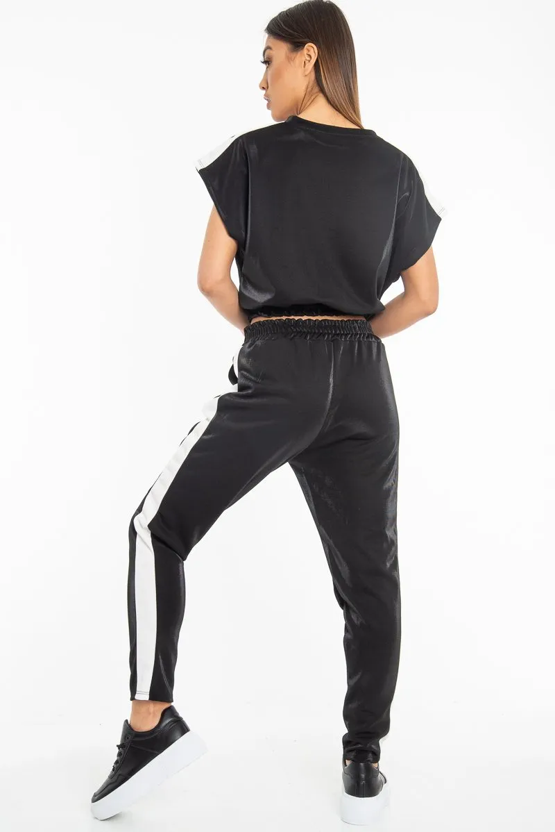 Black Shiny Contrast Stripe Crop Top Joggers Co-Ord - Maisey