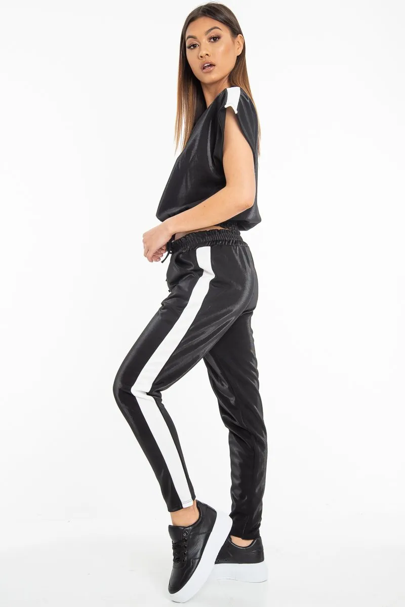 Black Shiny Contrast Stripe Crop Top Joggers Co-Ord - Maisey