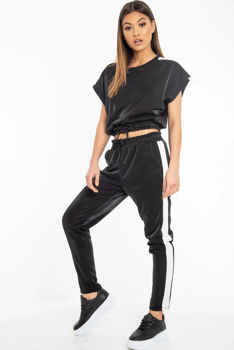 Black Shiny Contrast Stripe Crop Top Joggers Co-Ord - Maisey