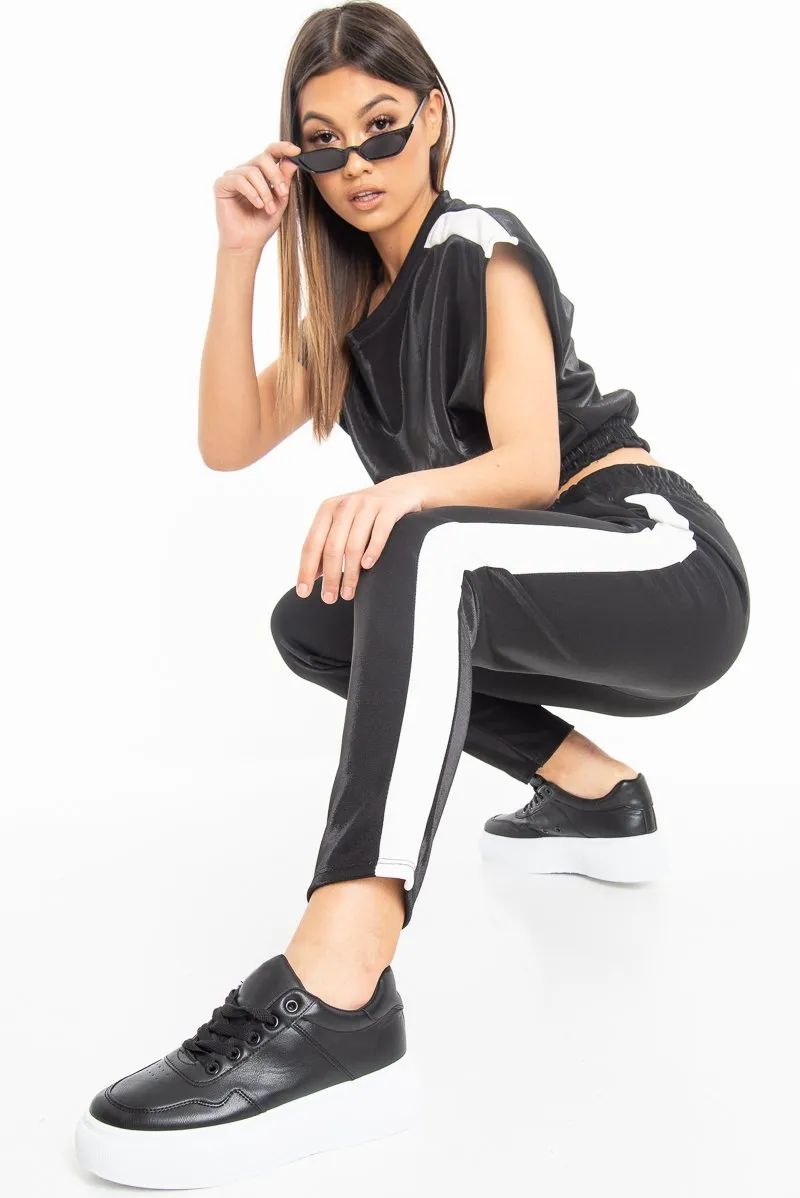 Black Shiny Contrast Stripe Crop Top Joggers Co-Ord - Maisey