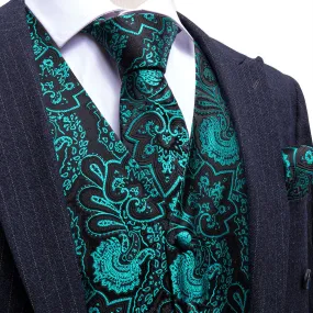 Black Teal Paisley Silk Men's Vest Hanky Cufflinks Tie Set