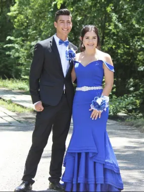 Blue Off Shoulder Mermaid Satin Ruched Long Prom, Blue Formal, Evening