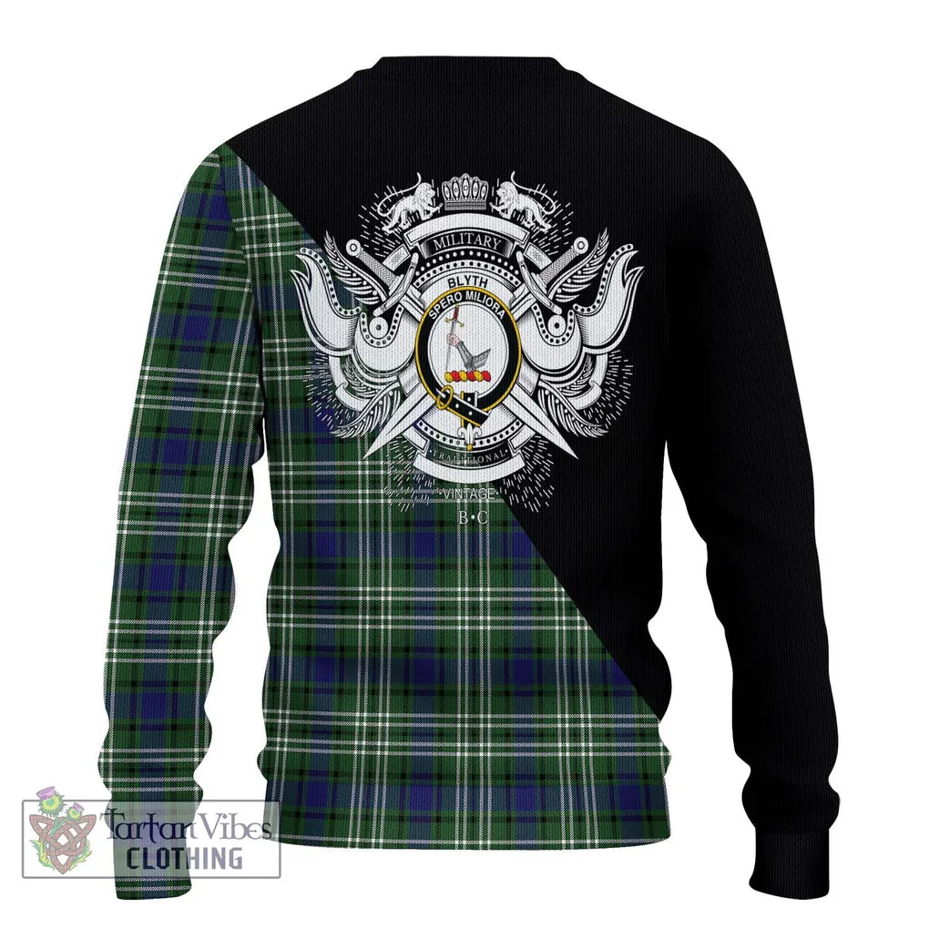 Blyth Tartan Ugly Sweater with Family Crest and Military Logo Style