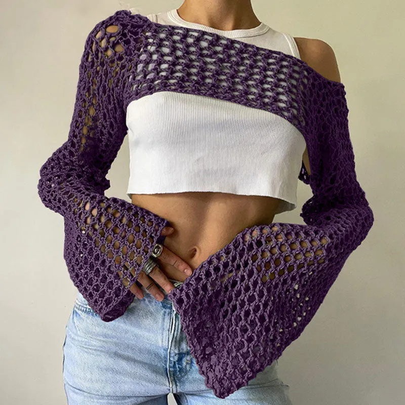 Boho Boat Neck Bell Sleeve Cutout Crochet Knit Super Crop Shrug Sweater