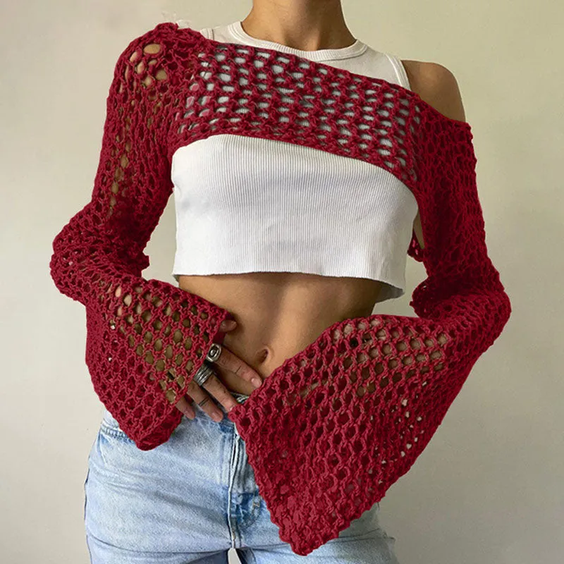 Boho Boat Neck Bell Sleeve Cutout Crochet Knit Super Crop Shrug Sweater