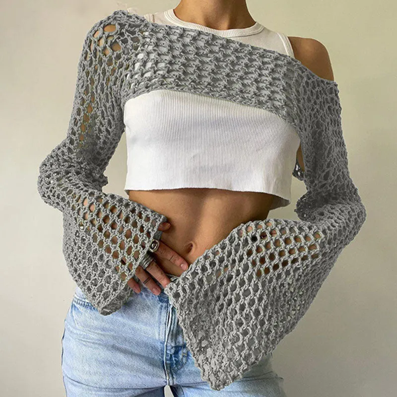 Boho Boat Neck Bell Sleeve Cutout Crochet Knit Super Crop Shrug Sweater