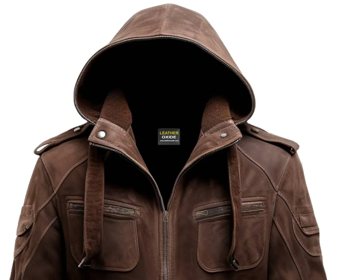 Brown Slim fit Suede Hooded Leather Jacket