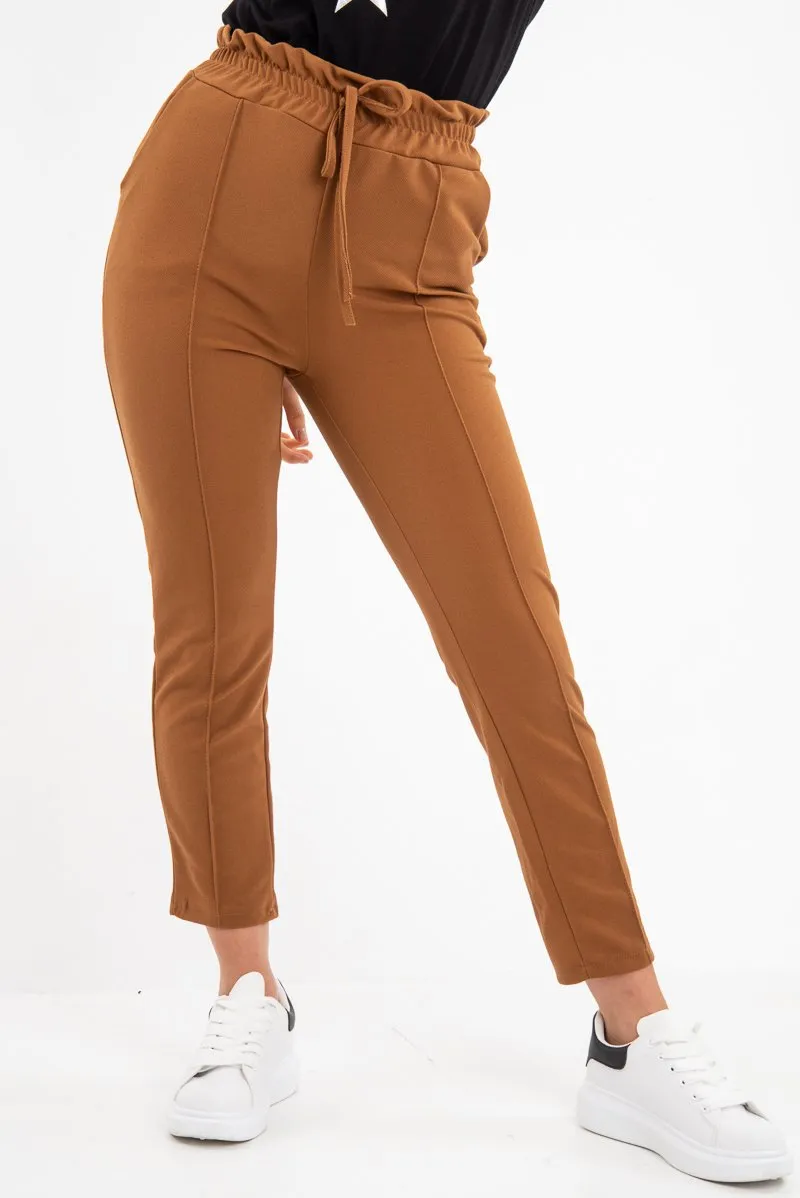 Camel Drawstring Seam Front Tailored Joggers - Lissie