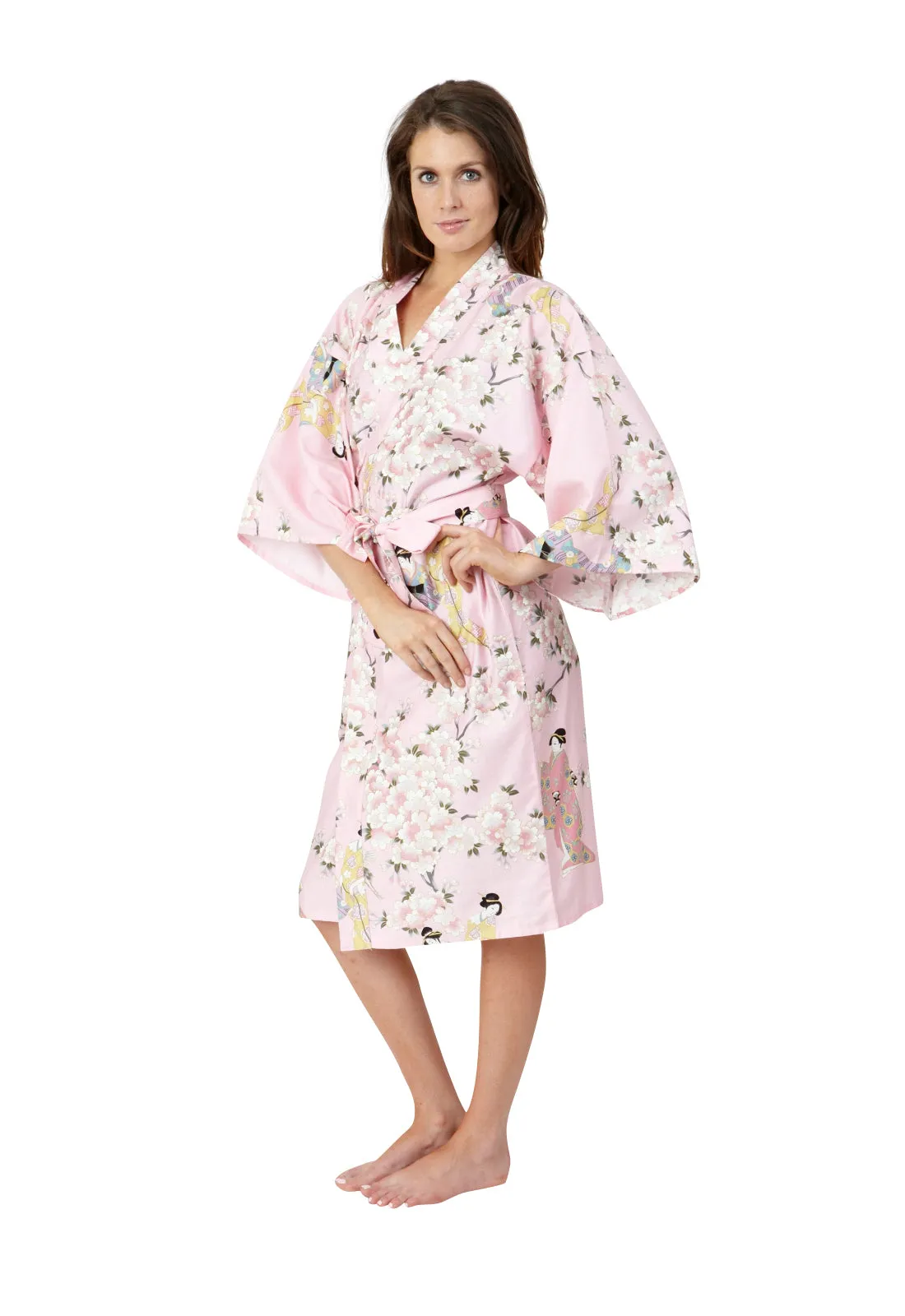 Cherry Blossom & Beauty Short Cotton Kimono Pink- New Larger Size