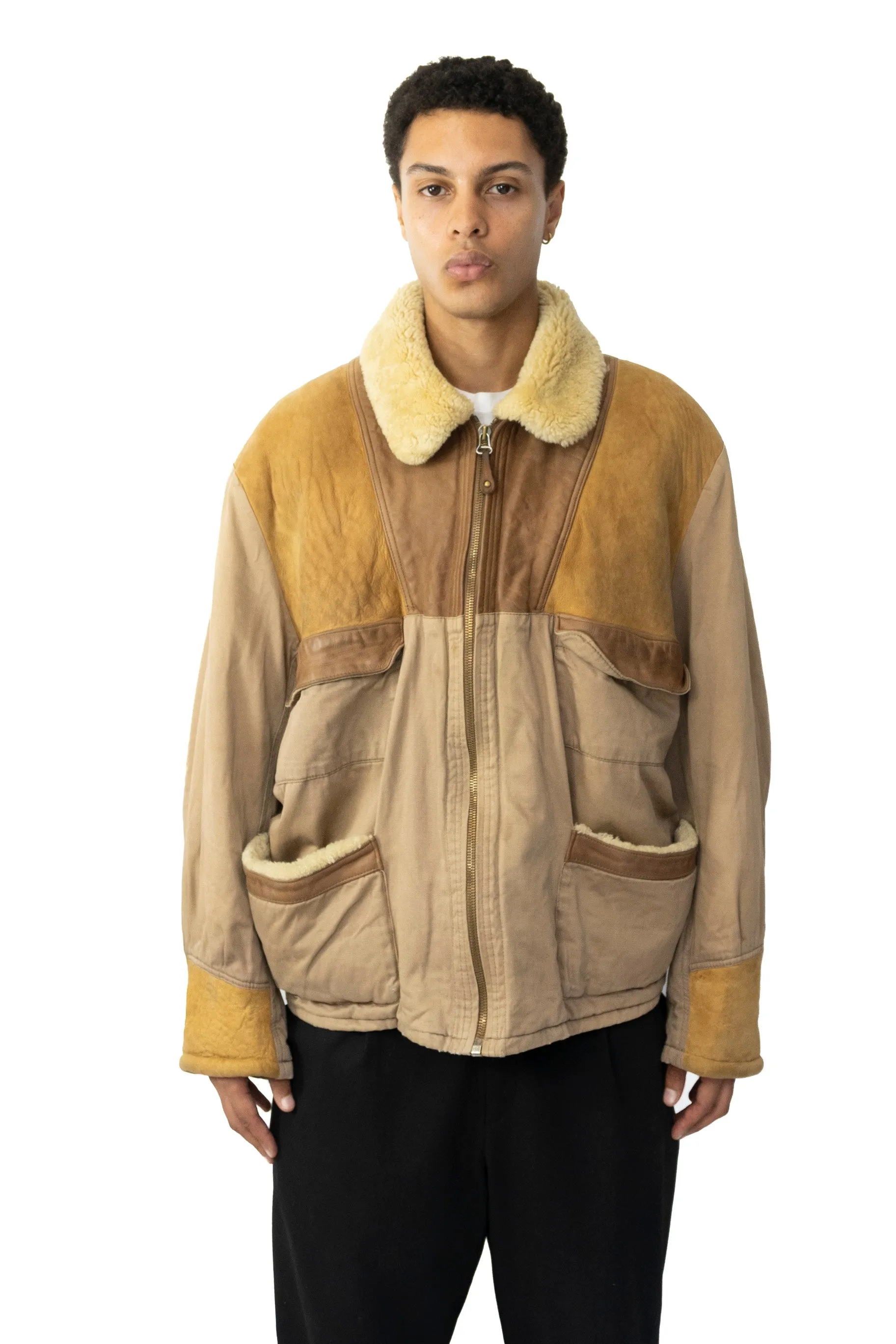 Chevignon Shearling Leather Paneled Quilted Lining Bomber Jacket