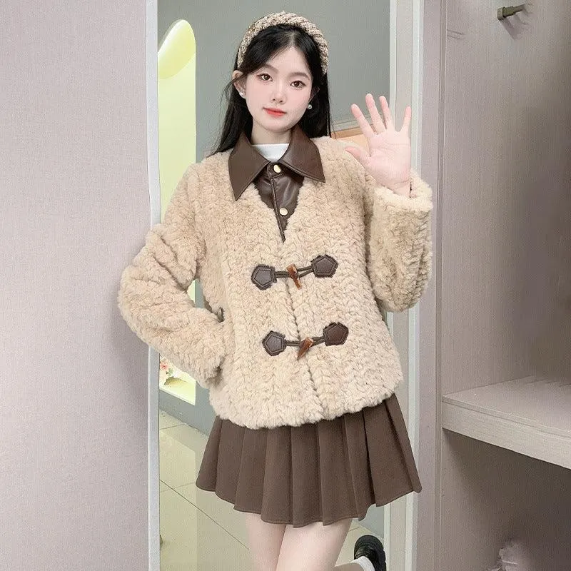 Color Stitching Turnover Neck Thickened Lamb Wool Coat For Women