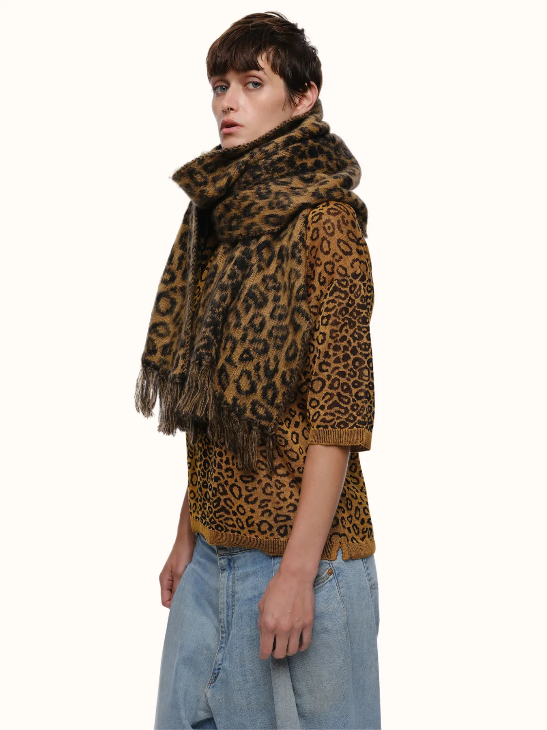 Cristobal Leopard Blanket Scarf in Brushed Recycled Cashmere & Mohair