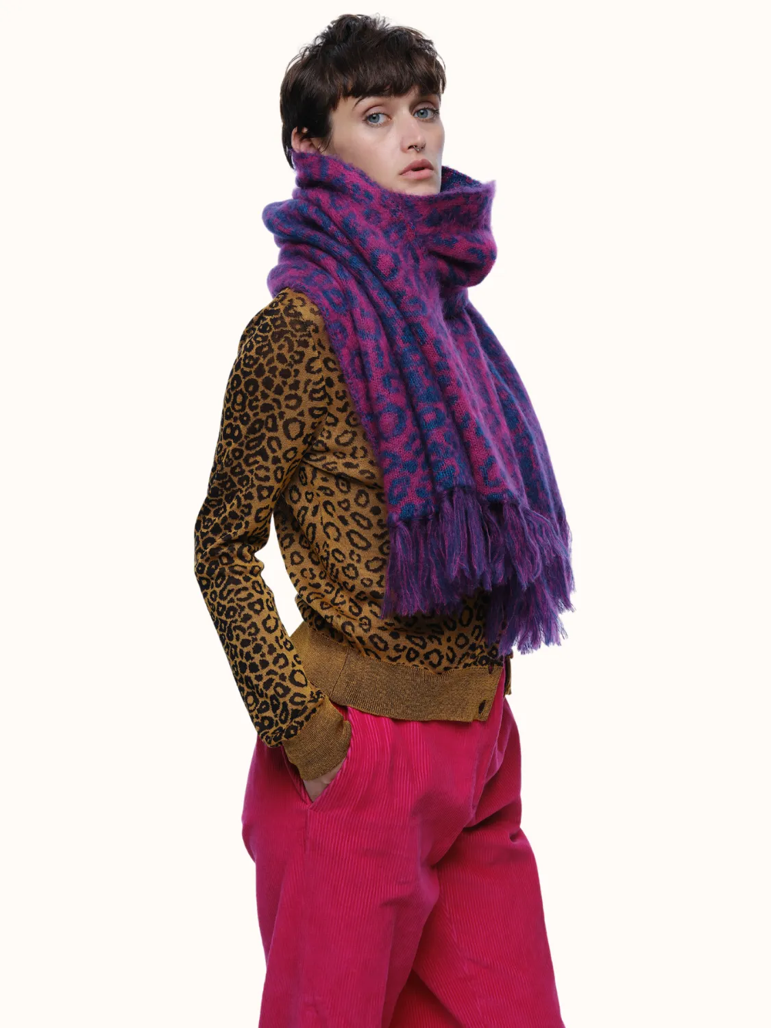 Cristobal Leopard Blanket Scarf in Brushed Recycled Cashmere & Mohair