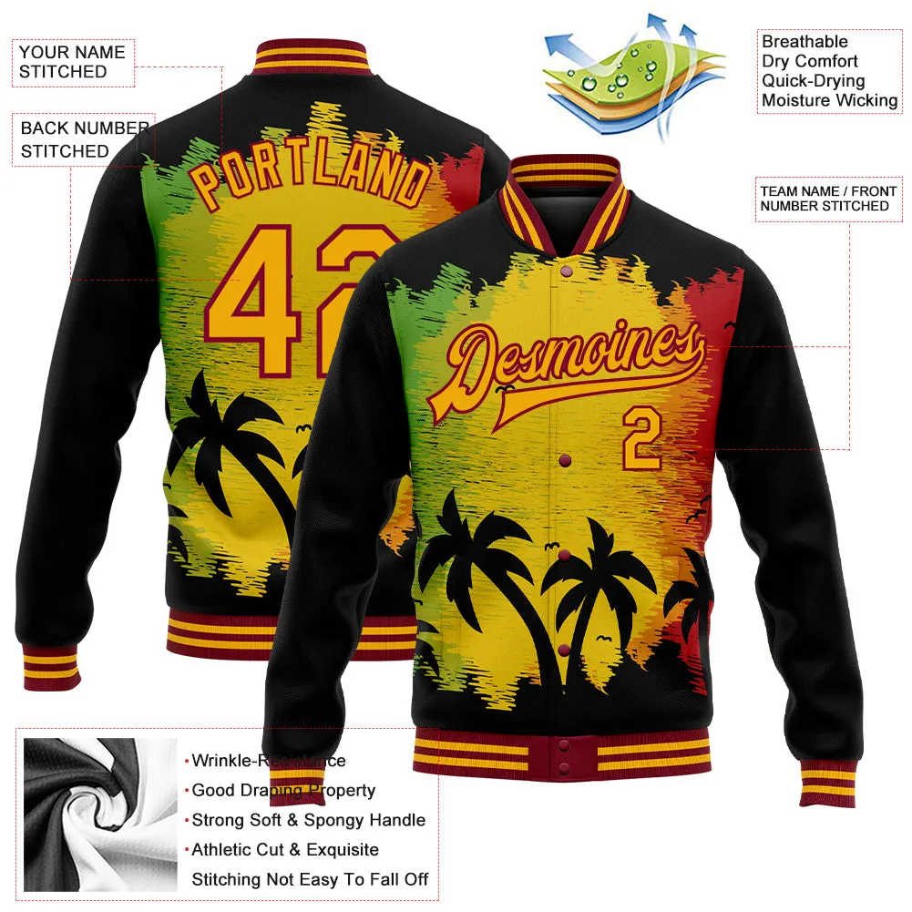 Custom Black Gold-Crimson Black History Month Hawaii Palm Trees 3D Bomber Full-Snap Varsity Letterman Jacket