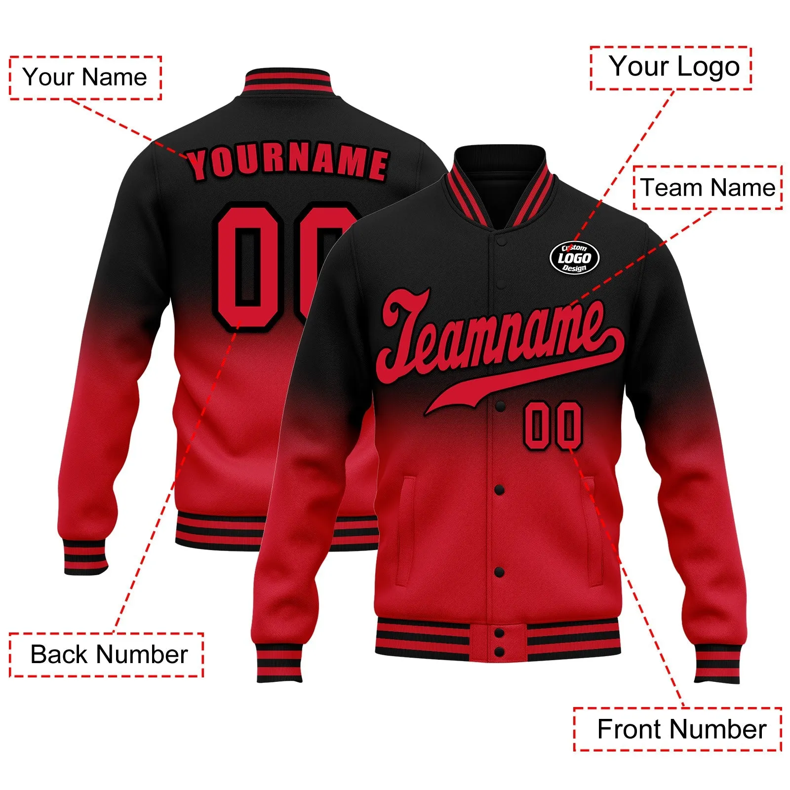 Custom Black Red Fade Fashion Jacket Bomber Full-Snap Varsity Letterman Personalized Jacket FZ005-D020229-26