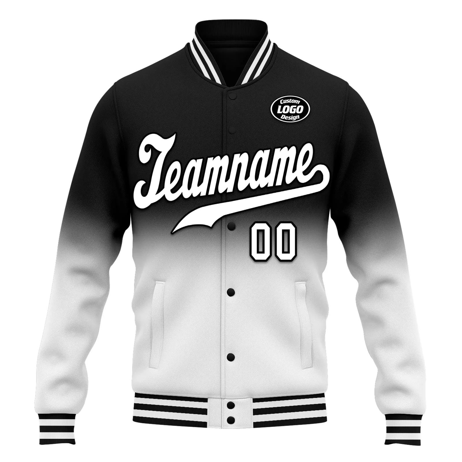 Custom Black White Fade Fashion Jacket Bomber Full-Snap Varsity Letterman Personalized Jacket FZ005-D020229-1