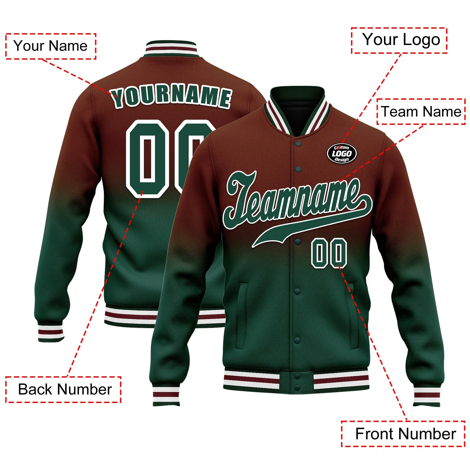 Custom Brown Green Fade Fashion Jacket Bomber Full-Snap Varsity Letterman Personalized Jacket FZ005-D020229-19