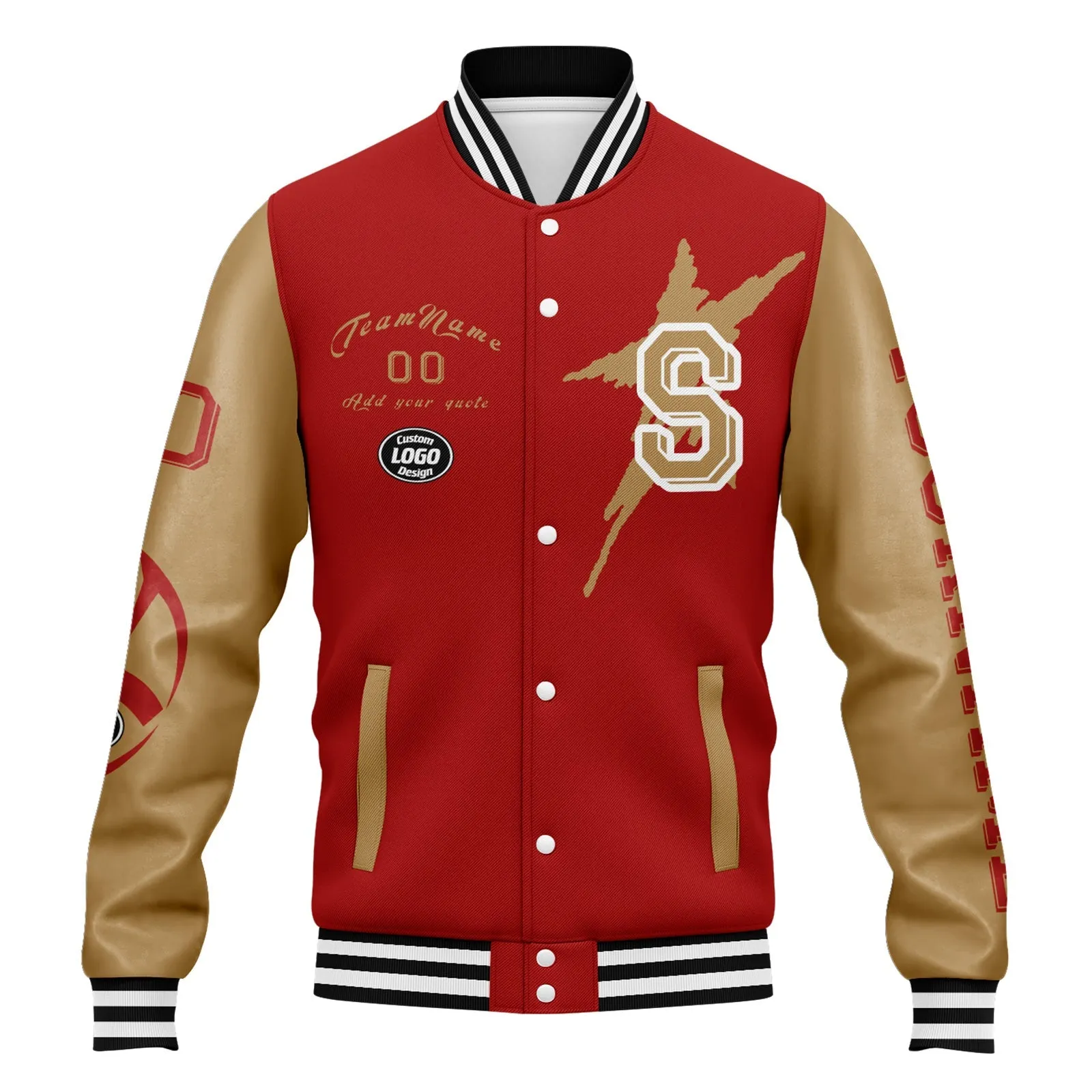 Custom Red Yellow San Francisco Jacket Bomber Full-Snap Varsity Letterman Personalized Jacket FZ005SX-D020290-25