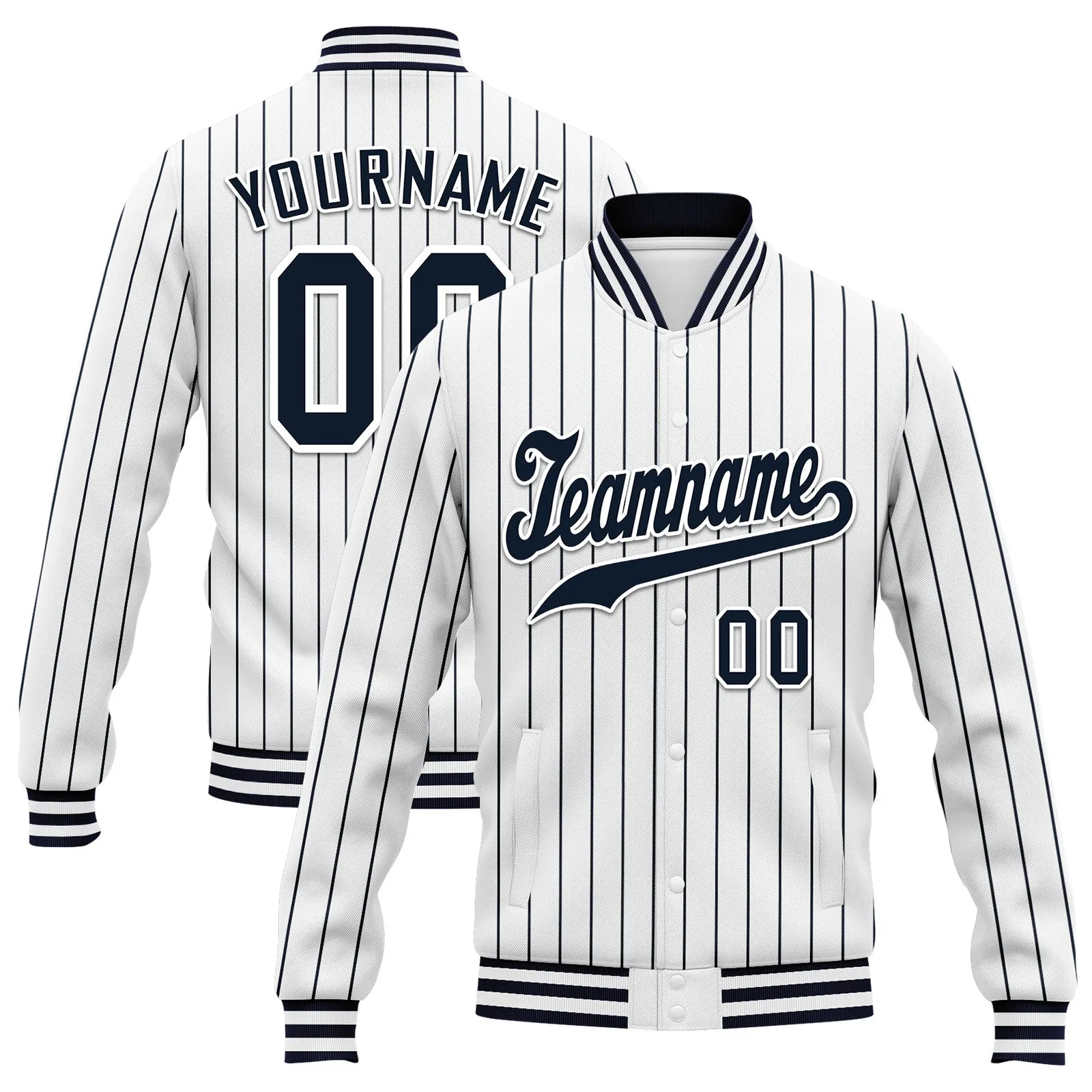 Custom White Navy Stripe Fashion Jacket Bomber Full-Snap Varsity Letterman Personalized Jacket FZ005-D020219-2