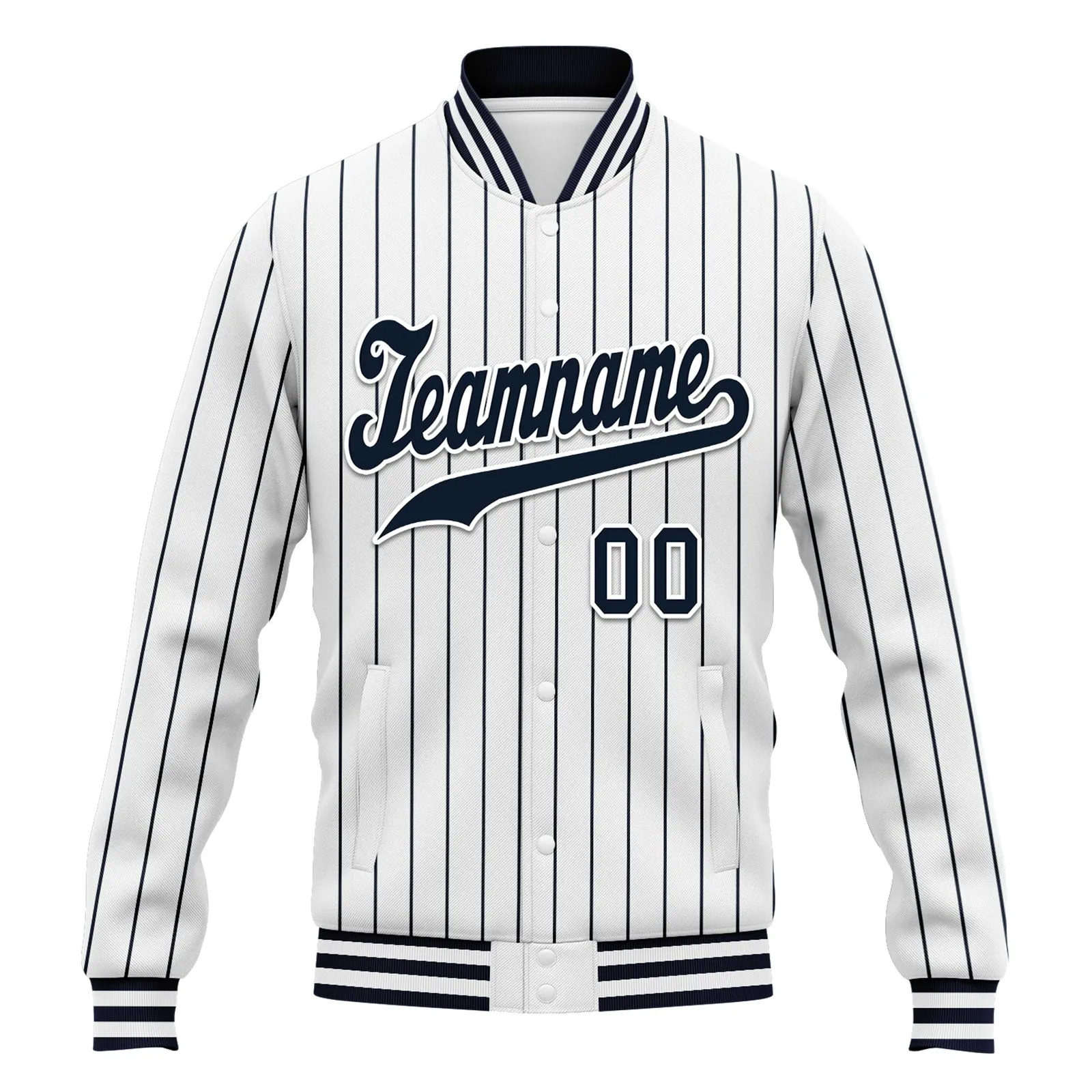 Custom White Navy Stripe Fashion Jacket Bomber Full-Snap Varsity Letterman Personalized Jacket FZ005-D020219-2