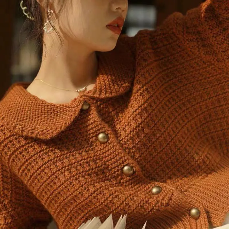 Cute Peter Pan Collar Women Cardigan Sweater Loose Knitted Long Sleeve Korean Chic Jumper Coat Loose Button Up Jackets