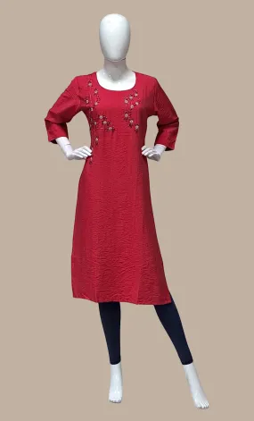 Dark Coral Embroidered Kurti Top