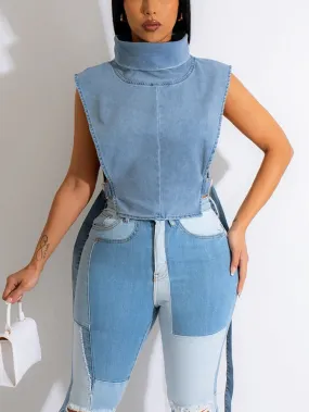 Denim Sleeveless Turtleneck Top