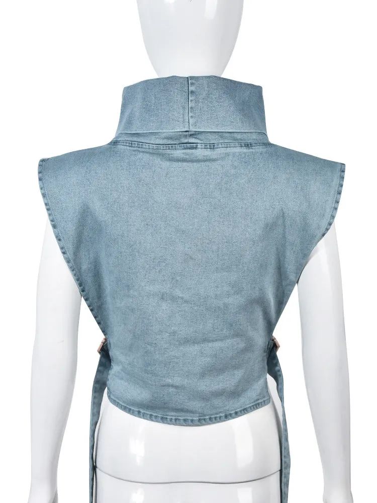 Denim Sleeveless Turtleneck Top