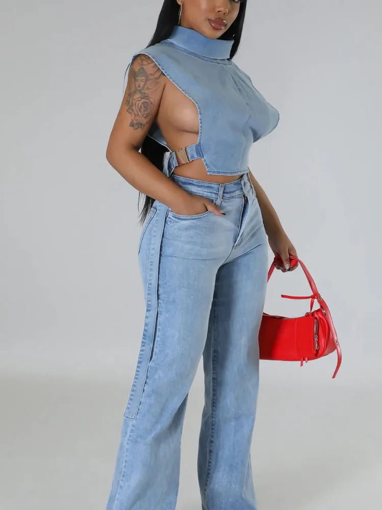 Denim Sleeveless Turtleneck Top