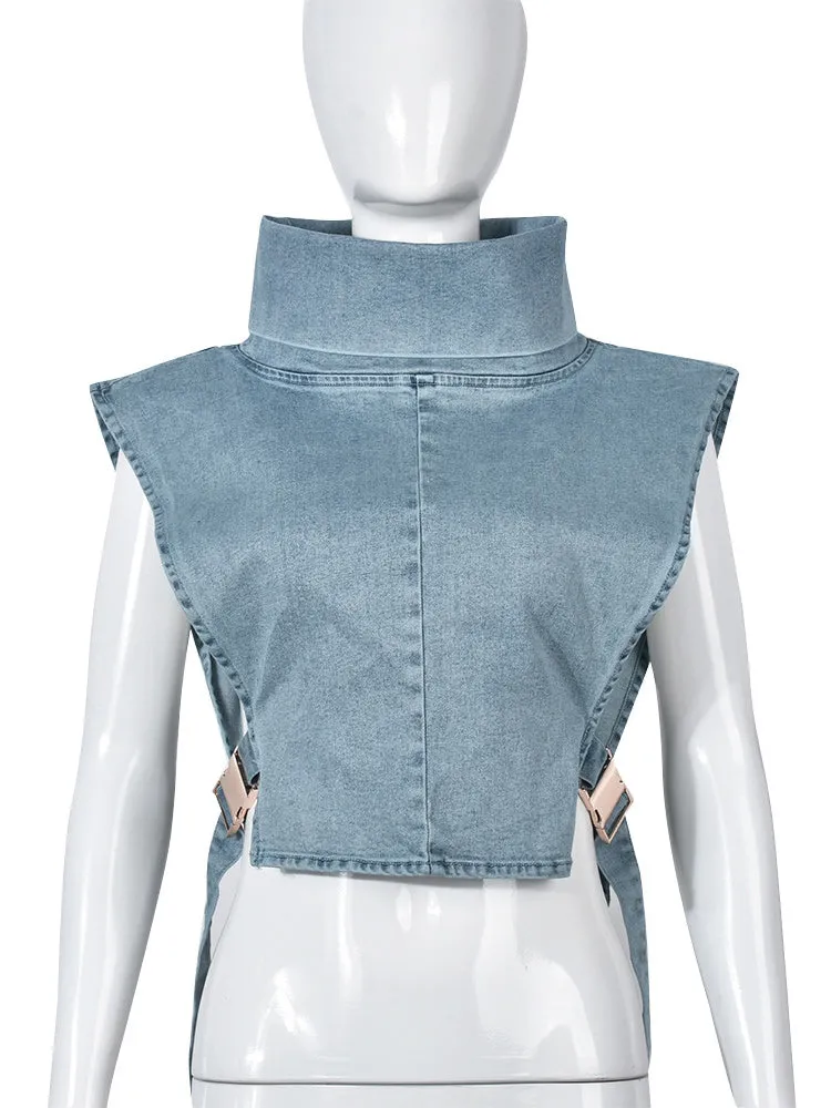 Denim Sleeveless Turtleneck Top