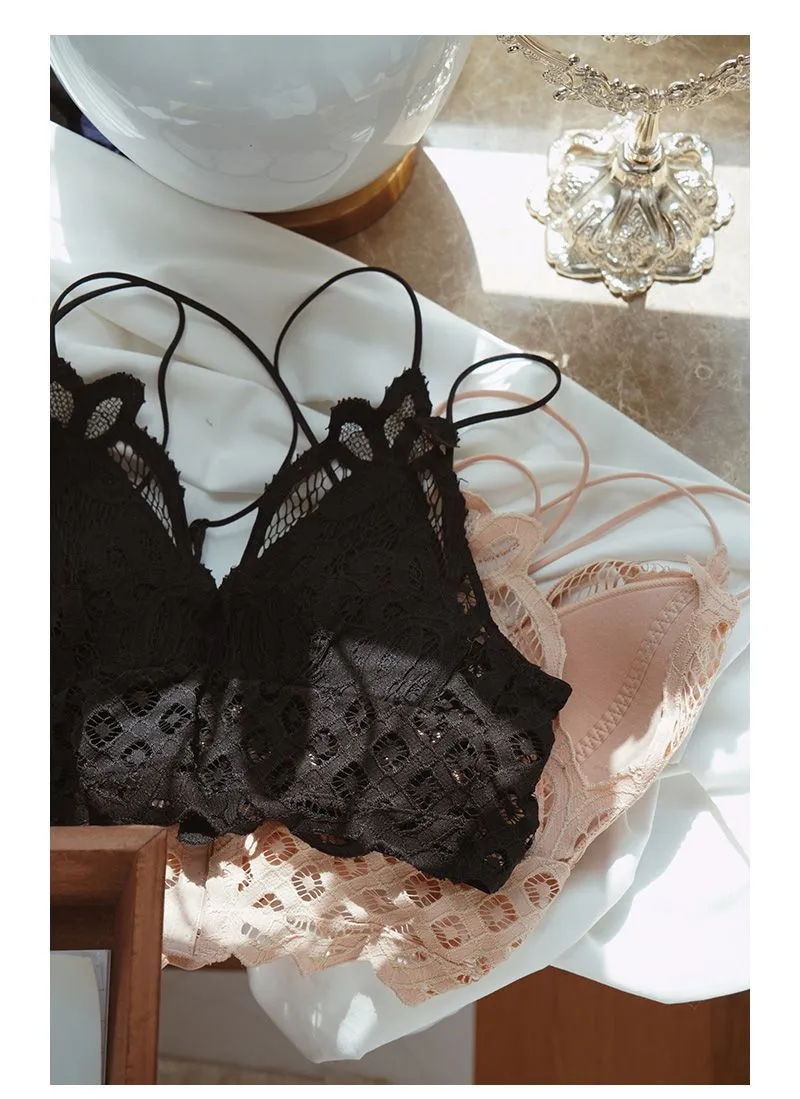 Double Straps Back Criss Cross Scalloped Flower Crochet Lace Bralette