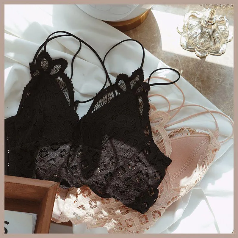 Double Straps Back Criss Cross Scalloped Flower Crochet Lace Bralette