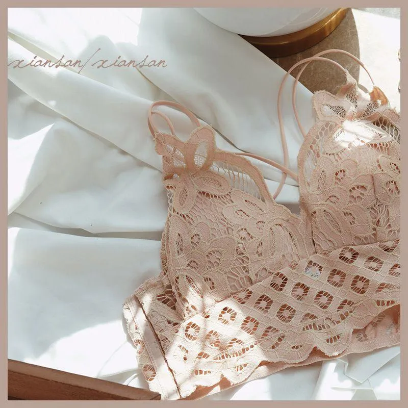 Double Straps Back Criss Cross Scalloped Flower Crochet Lace Bralette