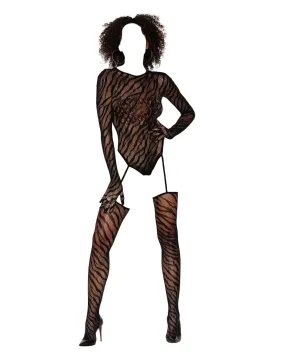 Dreamgirl Animal Print Fishnet Gloved Suspender Teddy Bodystocking With Keyhole Back Black One Size