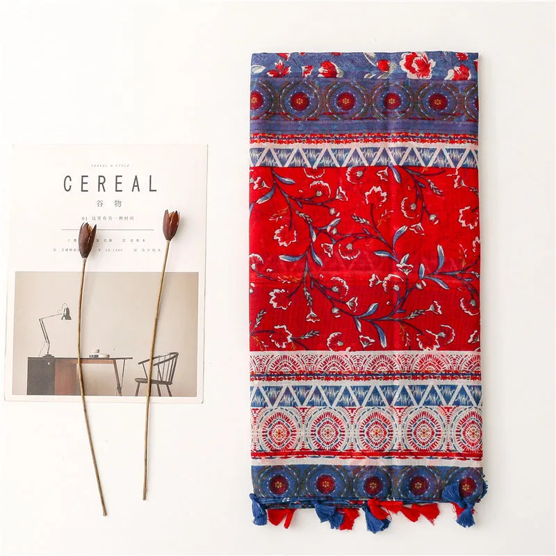 Ethnic Style Soft Cotton Hemp Handle Scarf Red Blue Small Broken Flower Decoration Sunscreen Shawl Silk Scarf Woman