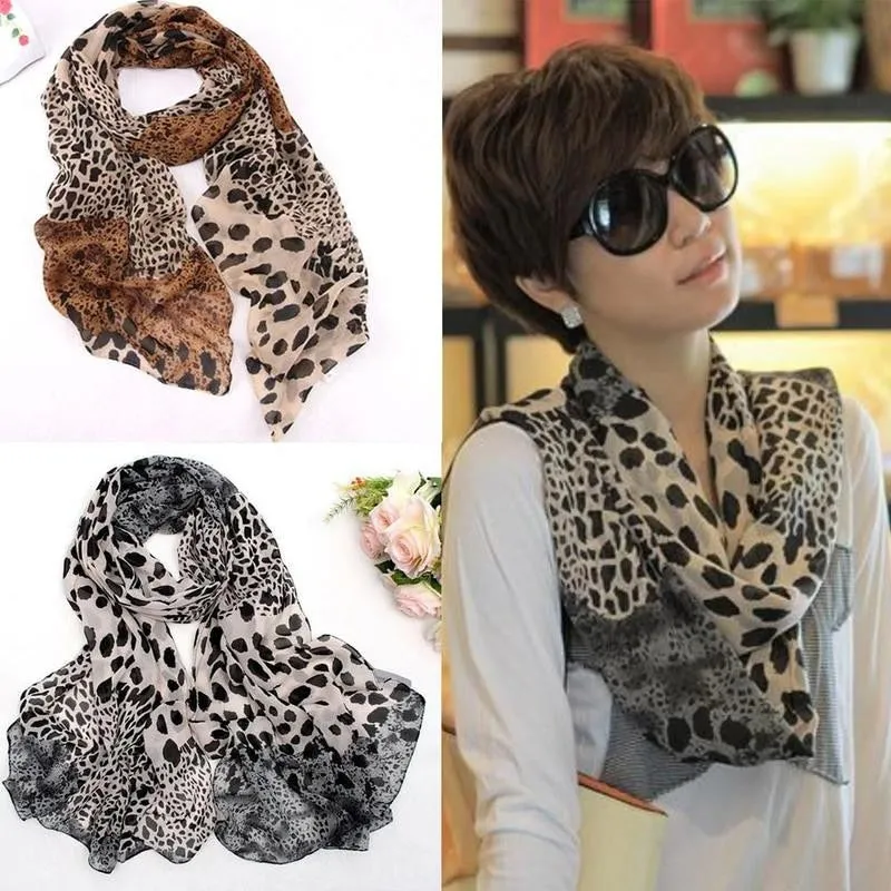 Fashion Leopard Scarf New Korean Fashion Chiffon Scarf Wrap Shawl Stole Scarves Wraps For Women Elegant Long Neck Large Scarf